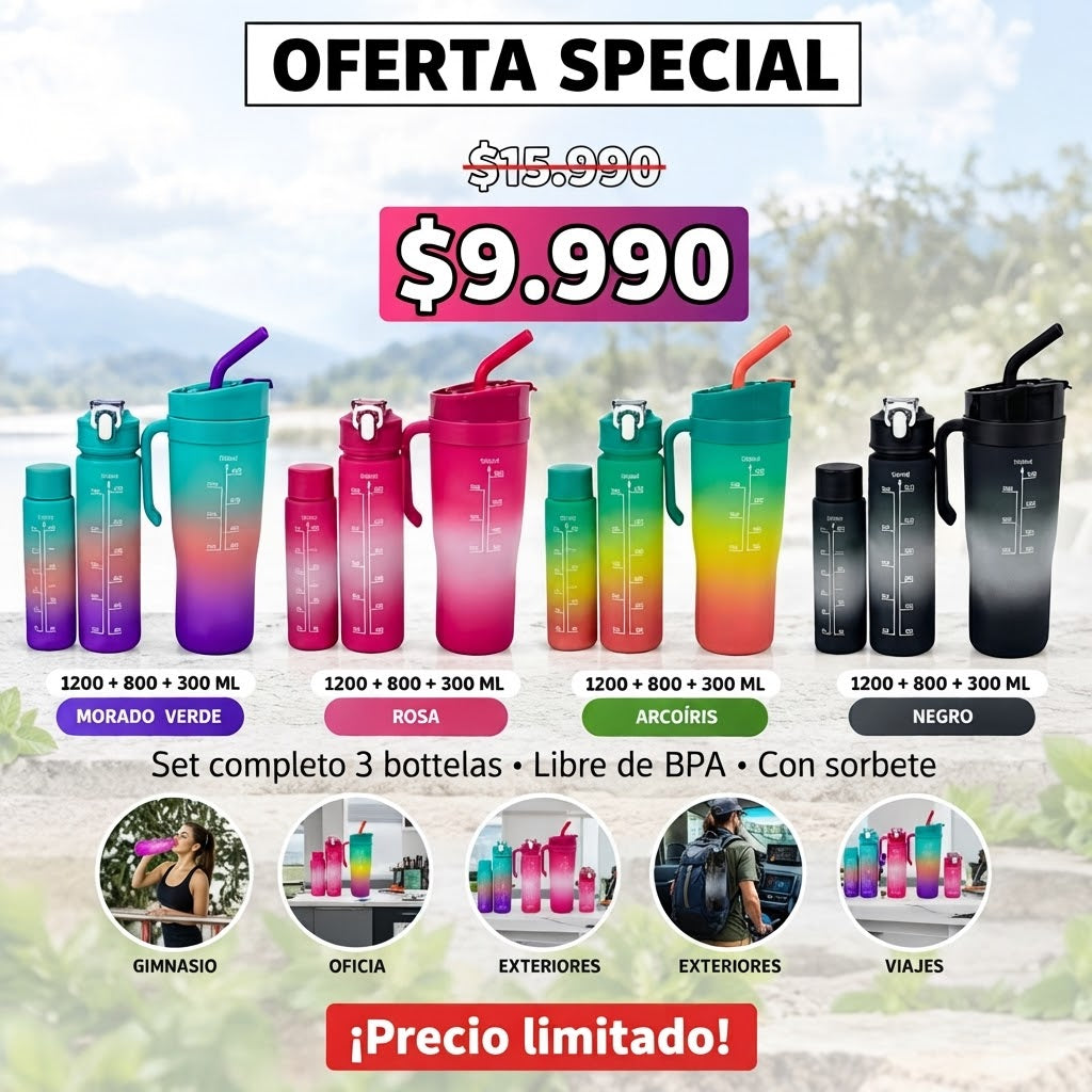 Set de Botellas de Agua 3 en 1 – Hidratación en Todo Momento