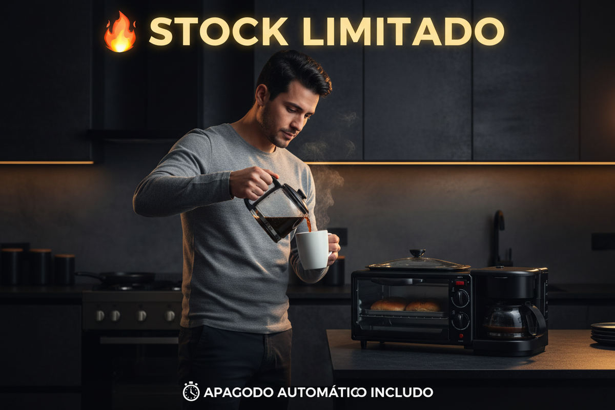 Horno Eléctrico 3 en 1 — Tostador, Cafetera y Plancha en Un Solo Aparato, El Desayuno Perfecto en Minutos.