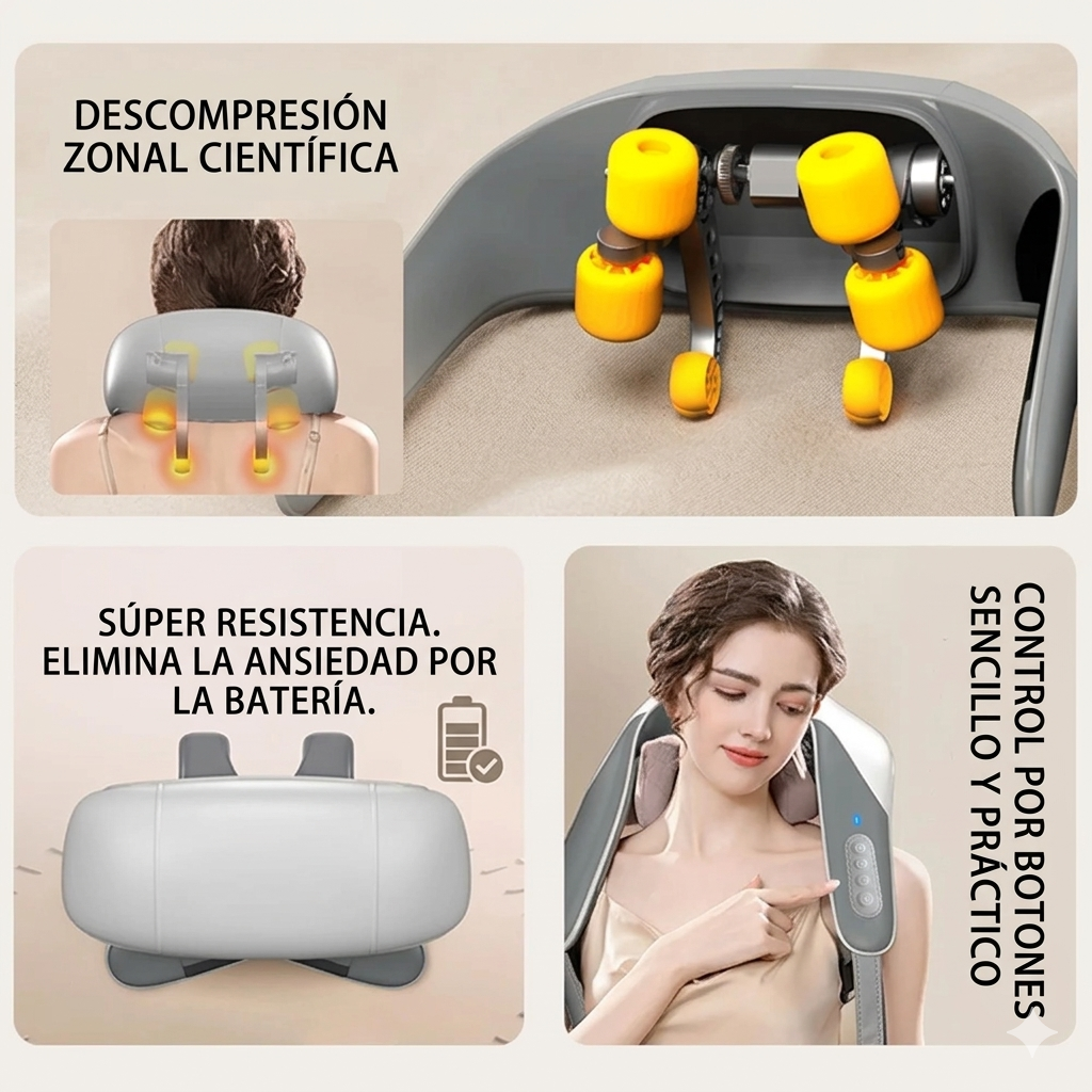 Detalle de los cabezales y controles del masajeador cervical
