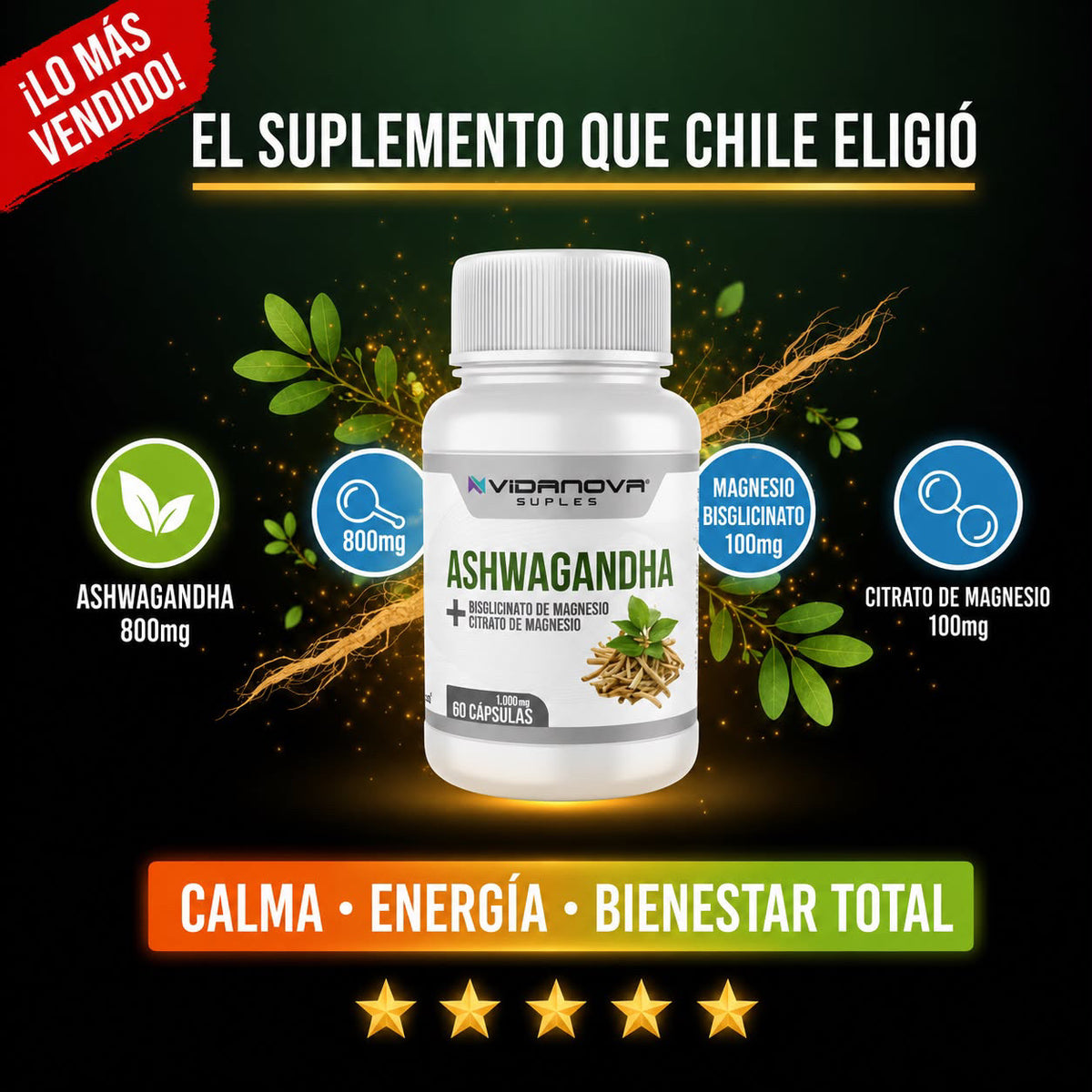 Ashwagandha + Magnesio — Menos Estrés, Mejor Sueño y Más Calma, de Forma Natural | 60 Cápsulas.