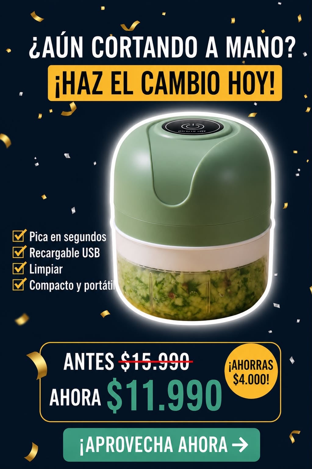 Procesador de Alimentos Mini — Pica, Tritura y Procesa en Segundos, Sin Ocupar Espacio.
