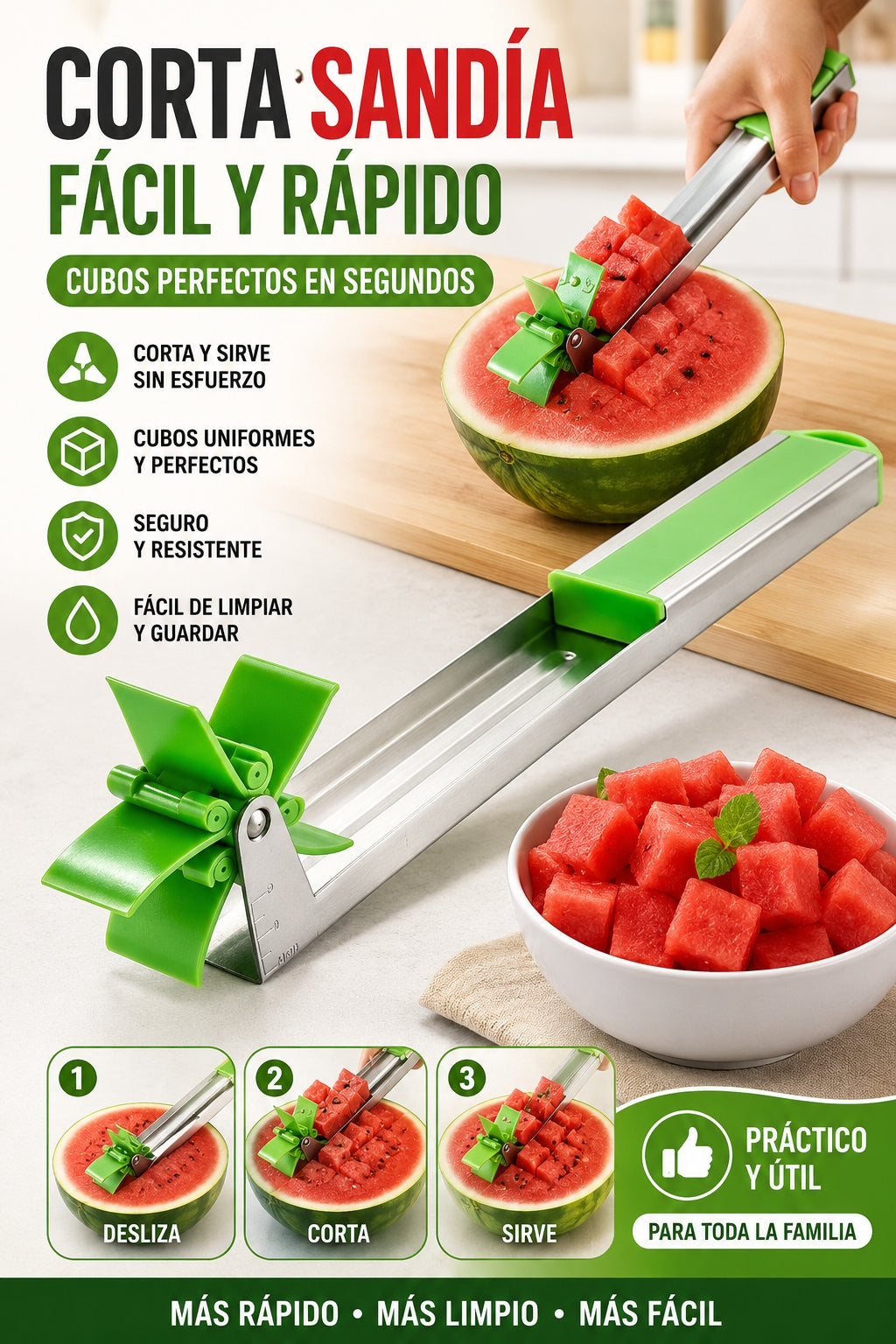 Cortador de Sandía en Cubos — Cubos Perfectos en Segundos, Sin Ensuciar.