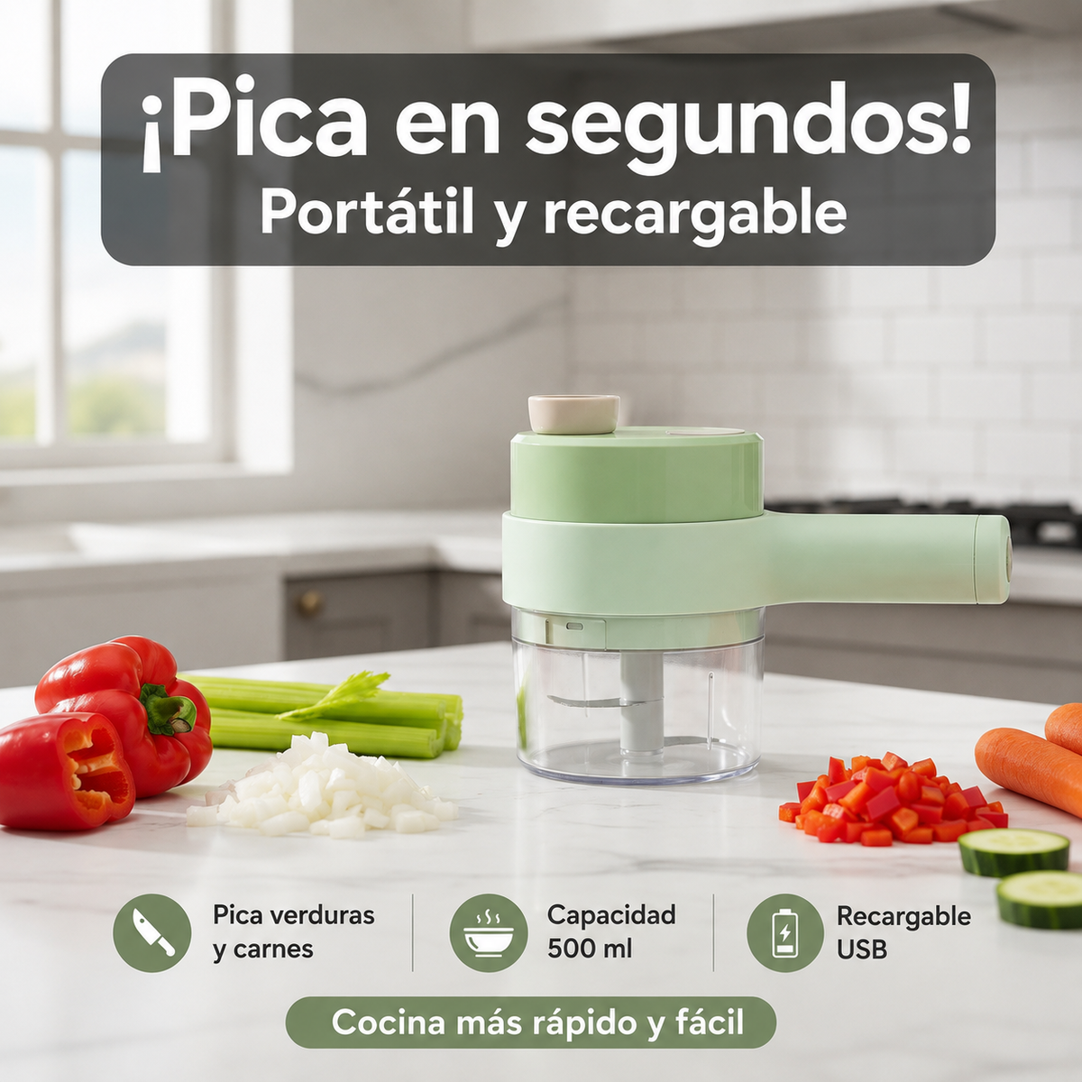 Picador Eléctrico de Verduras Portátil — Pica en Segundos.