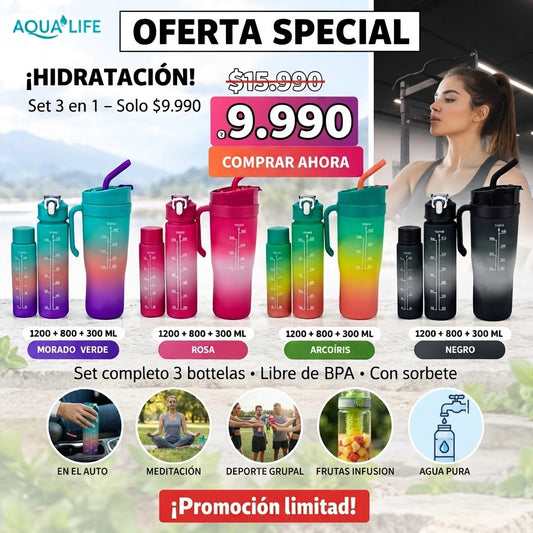 Set de Botellas de Agua 3 en 1 – Hidratación en Todo Momento