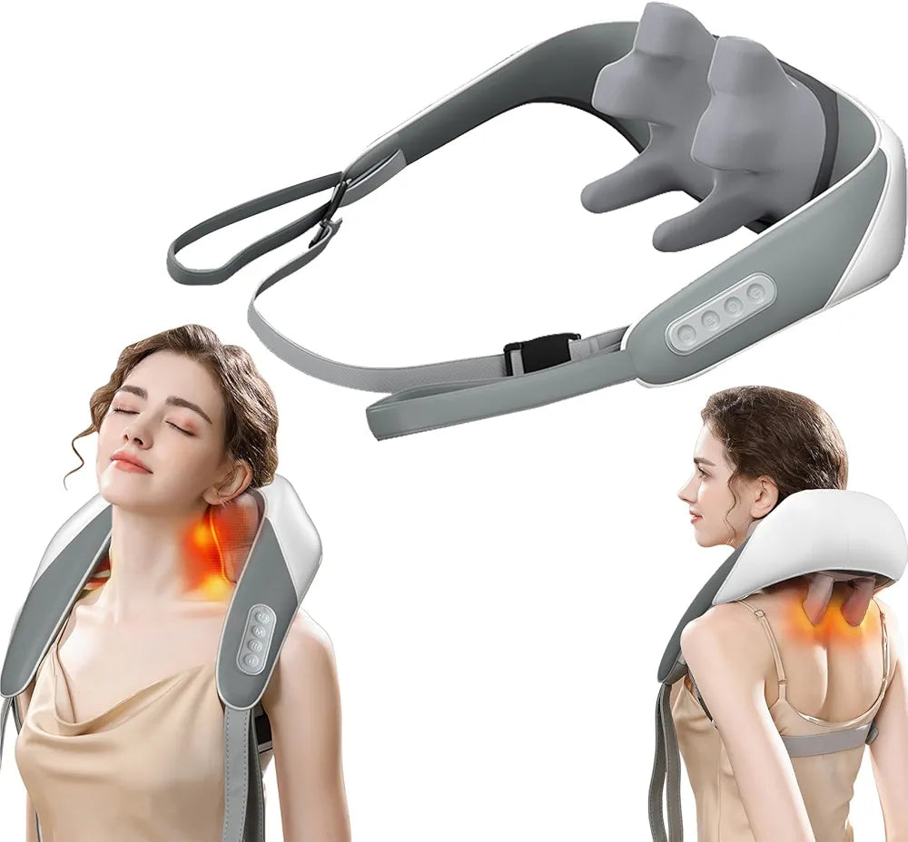 Masajeador cervical gris con correas y controles sobre cuello y hombros
