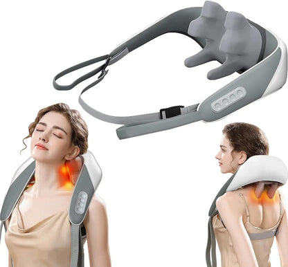 Masajeador cervical gris con correas y controles sobre cuello y hombros
