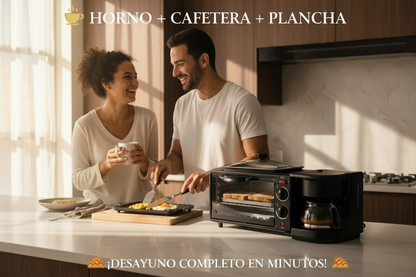Horno Eléctrico 3 en 1 — Tostador, Cafetera y Plancha en Un Solo Aparato, El Desayuno Perfecto en Minutos.