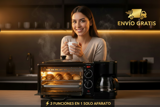 Horno Eléctrico 3 en 1 — Tostador, Cafetera y Plancha en Un Solo Aparato, El Desayuno Perfecto en Minutos.