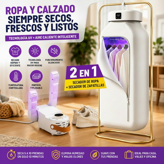 Secadora de Ropa y Zapatillas 2 en 1 — Seca Rápido, Elimina Olores y Cuida Tu Calzado, Sin Esperas.